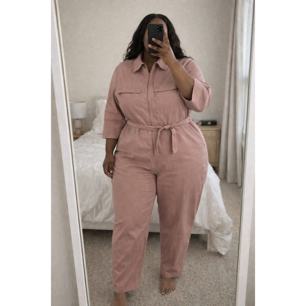 L'Atiste by Amy Pink Utility‎ Denim Jumpsuit Belted Zip Front Plus Size 1X